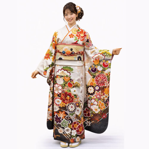 白色振袖レンタル　身長160ｃｍ以上　古典花柄振袖レンタル