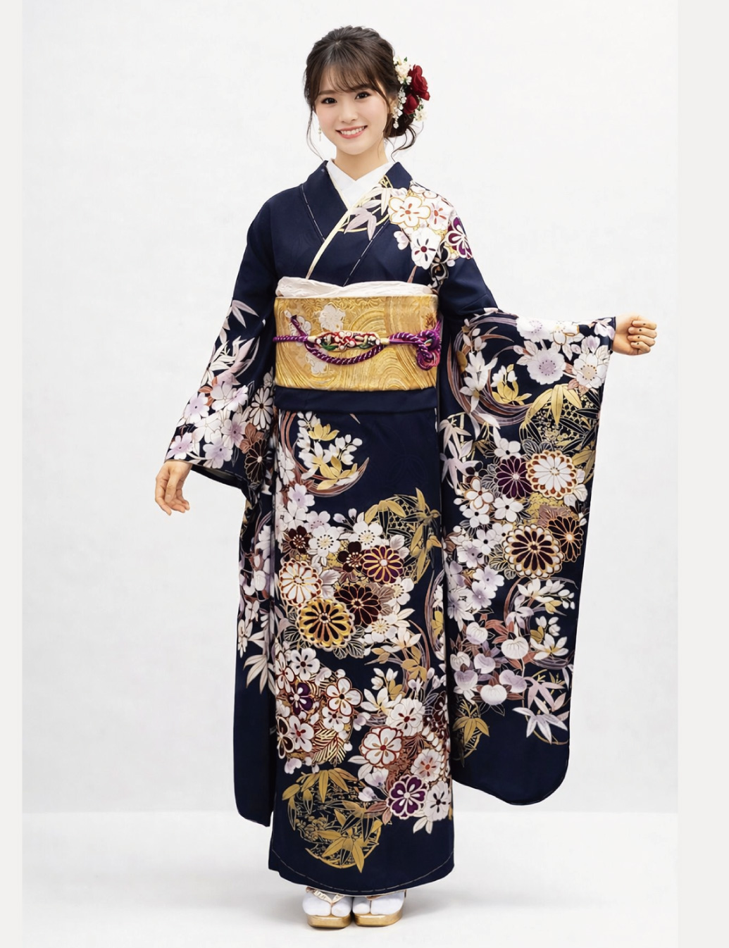 濃紺の四季の花振袖レンタルです。身長161ｃｍ以上でふくよかタイプの振袖レンタルです。