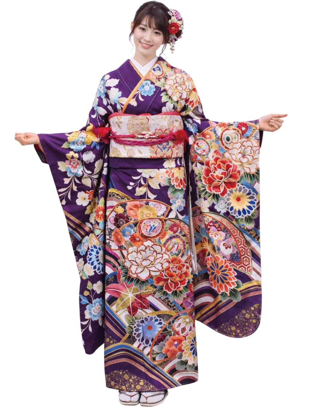 濃紫の四季の花振袖レンタルです。華やかな古典柄です。身長160cm前後の振袖レンタルです。