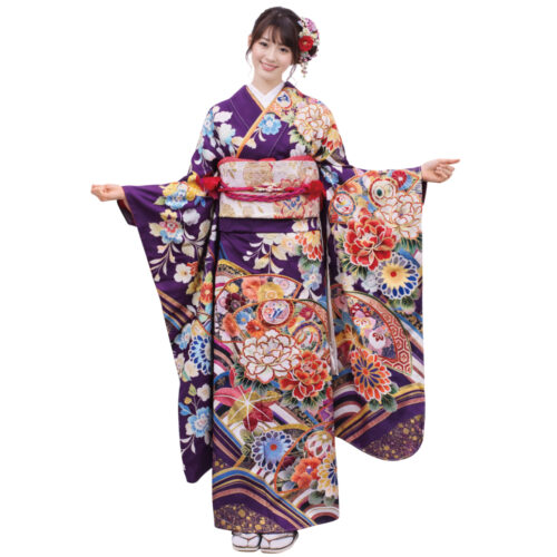 濃紫の四季の花振袖レンタルです。華やかな古典柄です。身長160ｃｍ前後の振袖レンタルです。
