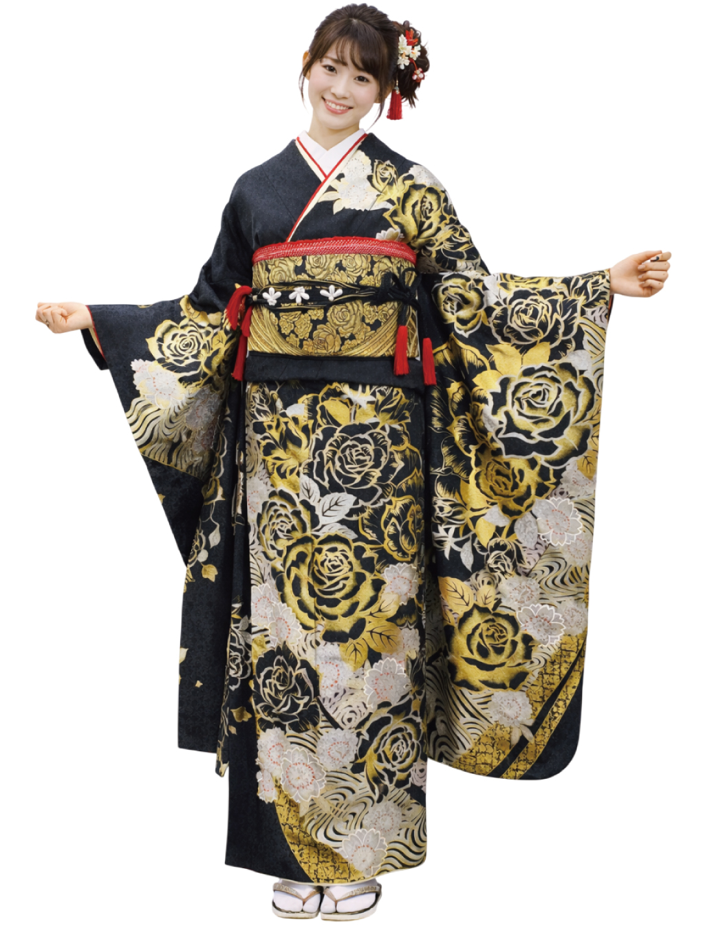 豪華黒地に金の薔薇柄の振袖レンタルです。華やかな古典柄です。身長160ｃｍ前後の振袖レンタルです。