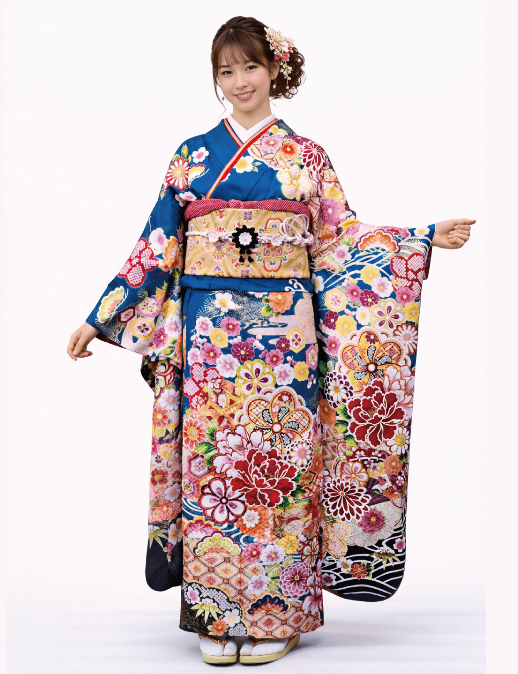 青振袖の古典の可愛い振袖。LLサイズの振袖レンタルなので小柄の方でも大丈夫です。