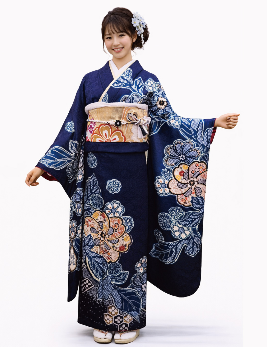 紺色の古典柄の振袖レンタル