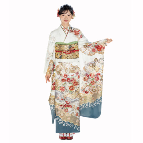 金彩の古典柄白色振袖レンタル