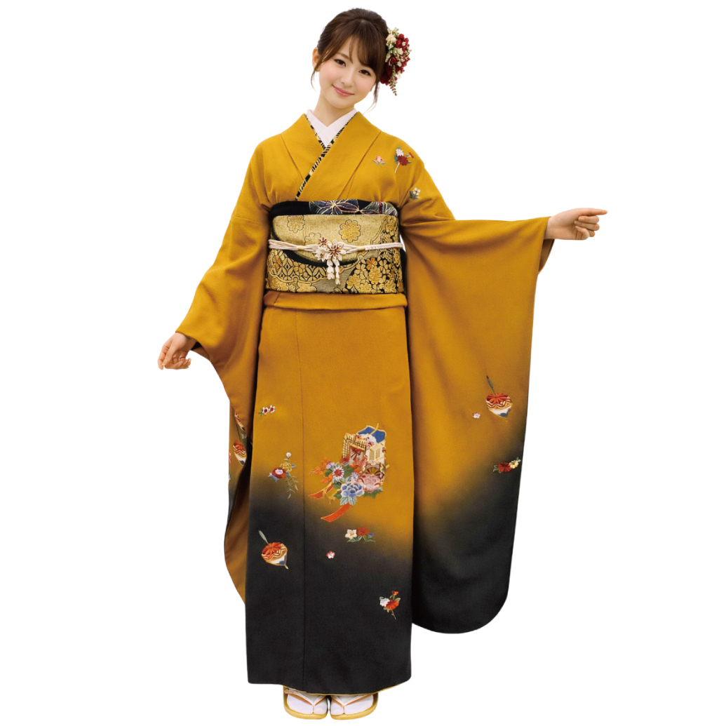 からし色 刺繍 振袖レンタル Mサイズ 黄色