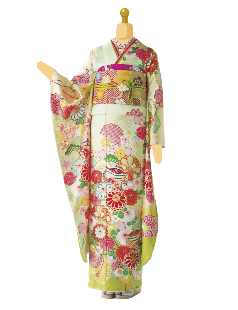 黄緑色の振袖レンタル　Mサイズ　可愛い古典柄