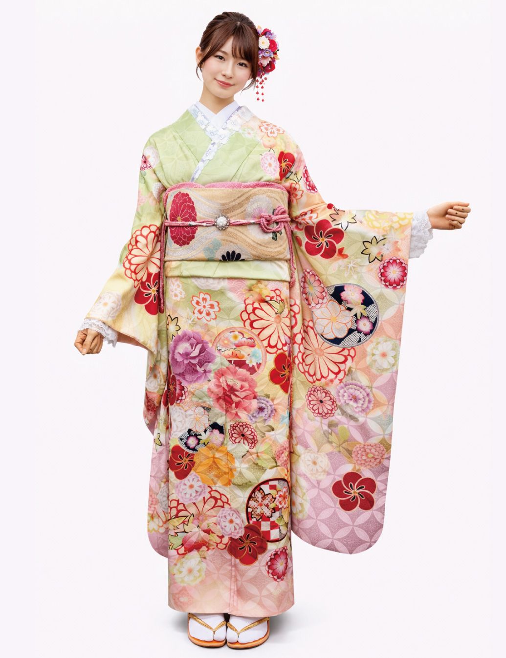 黄緑-振袖レンタルのSサイズ、成人式の振袖レンタル