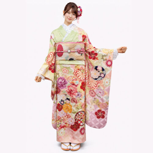 黄緑-振袖レンタルのSサイズ、成人式の振袖レンタル