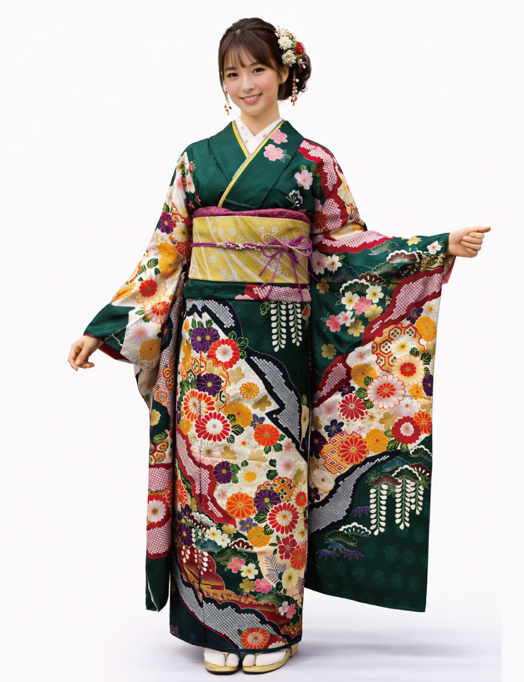 古典柄の緑色の振袖