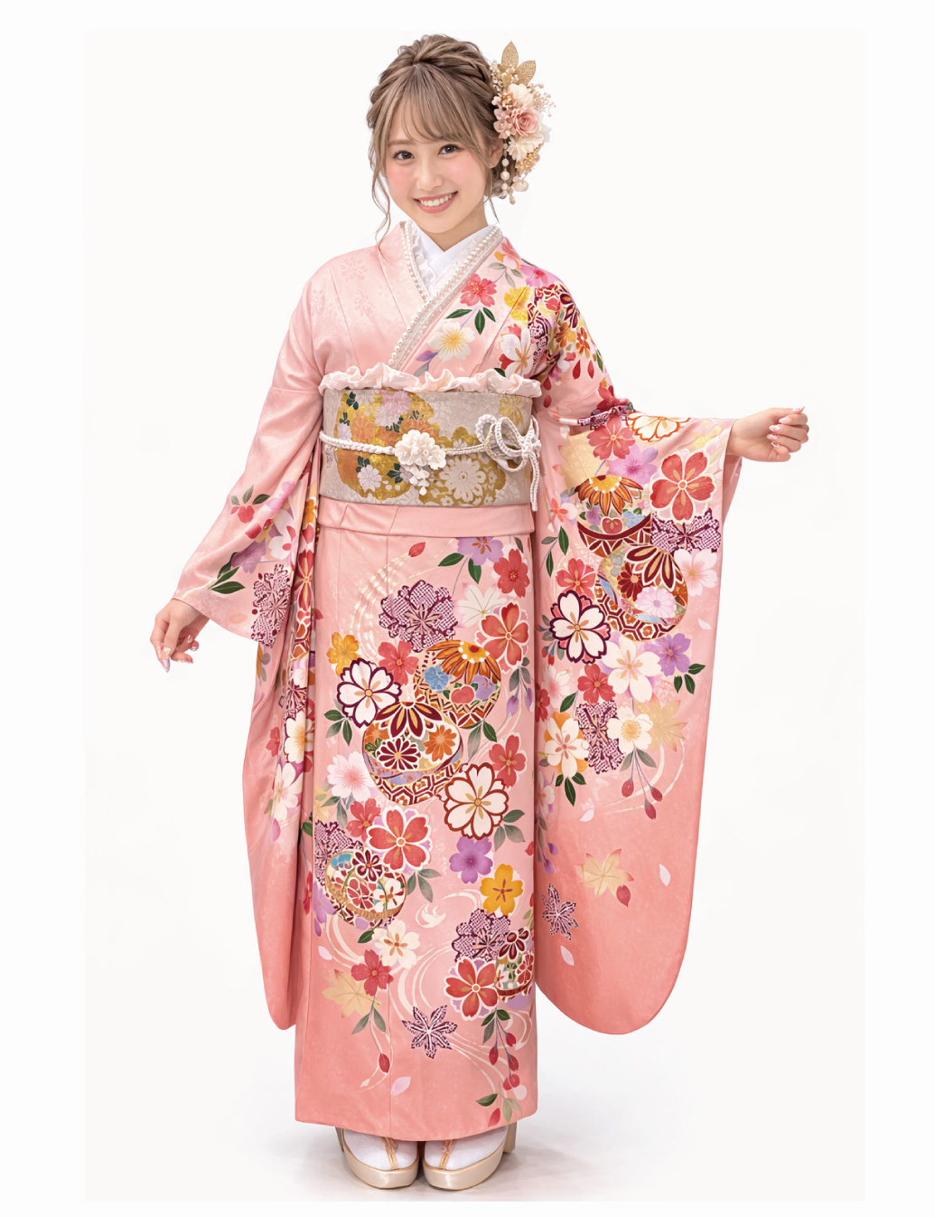 ピンク、桃色の振袖レンタル　Mサイズ　かわいい手毬柄