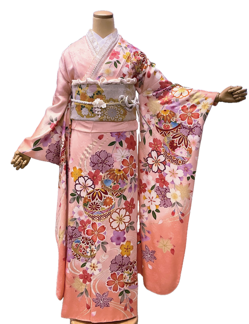 ピンク、桃色の振袖レンタル　Mサイズ　かわいい手毬柄