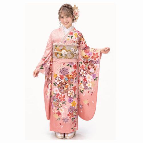 ピンク、桃色の振袖レンタル　Mサイズ　かわいい手毬柄