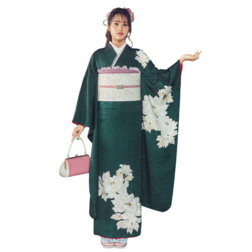 兵庫県姫路市、加古川市で振袖レンタルなら、Mサイズ　緑色　無地系振袖レンタルです。