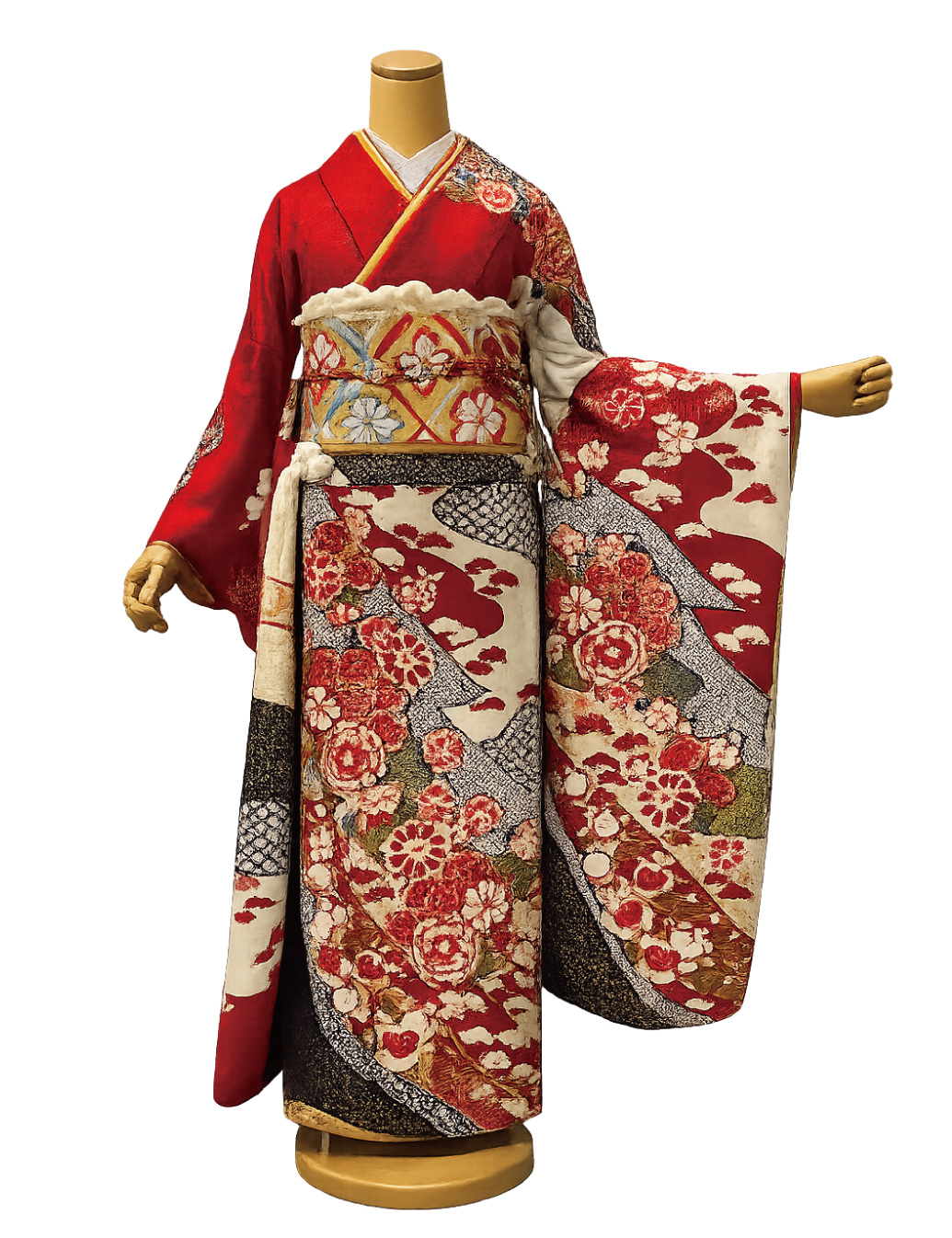 金彩、絞り、友禅の赤色高級振袖