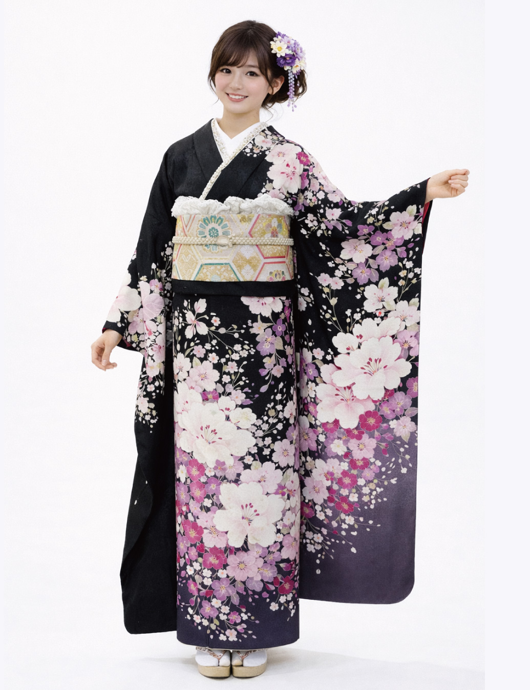 桜や蝶の柄の黒色の振袖レンタルです。