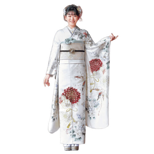 現代風の白振袖菊に牡丹