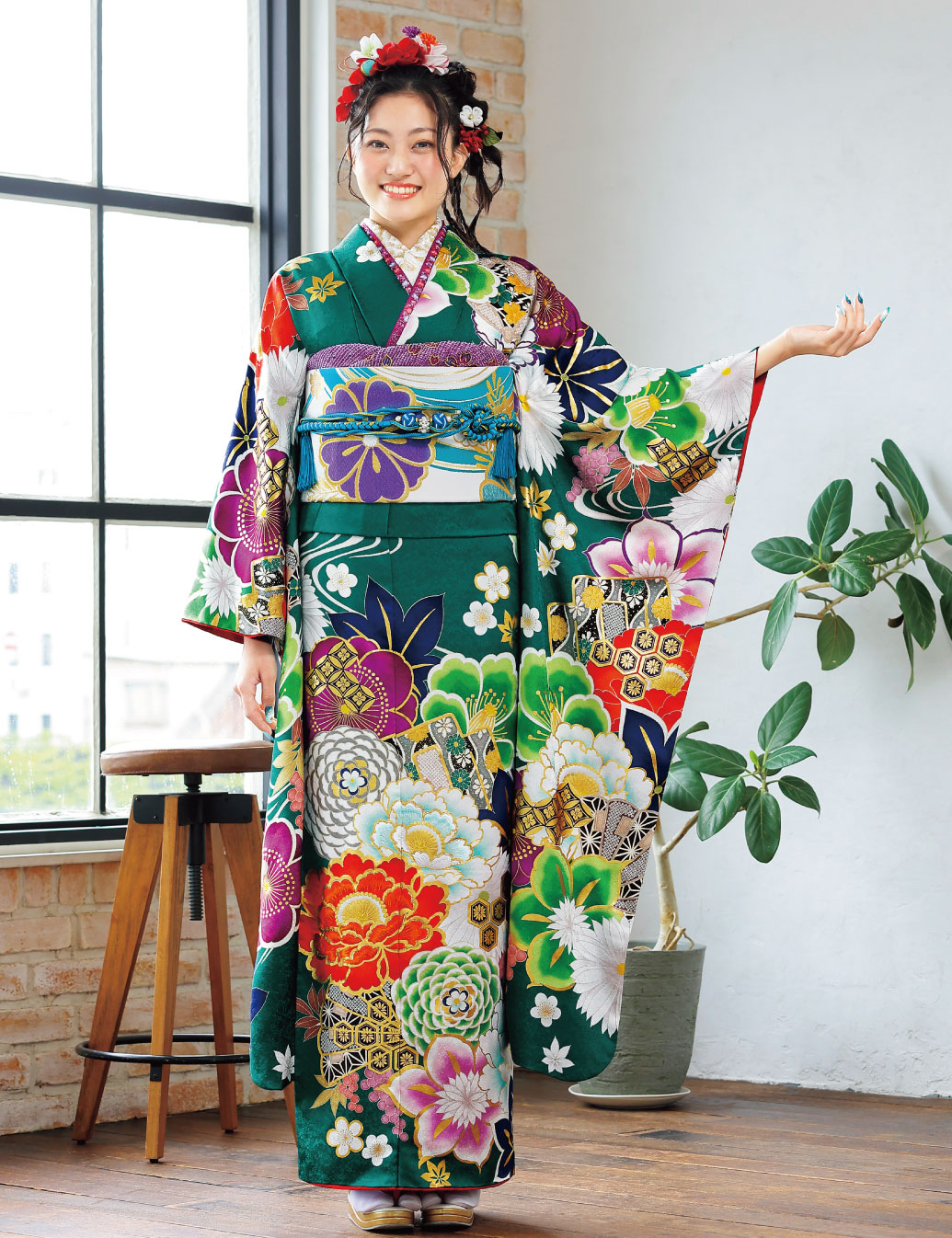 モダン柄の緑振袖レンタル
