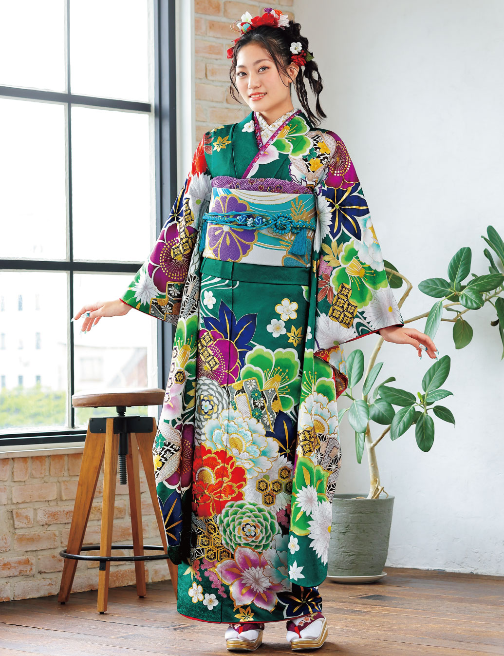 モダン柄の緑振袖レンタル