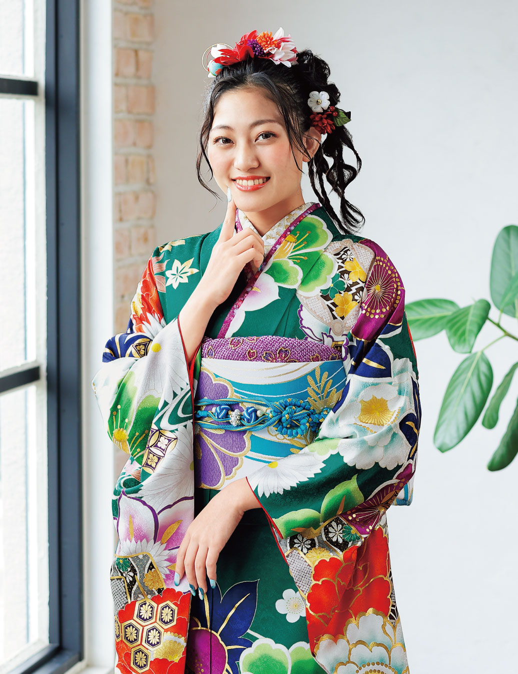 モダン柄の緑振袖レンタル