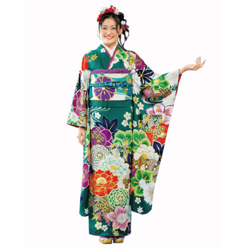 モダン柄の緑振袖レンタル