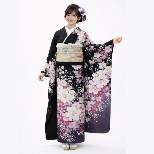 桜や蝶の柄の黒色の振袖レンタルです。