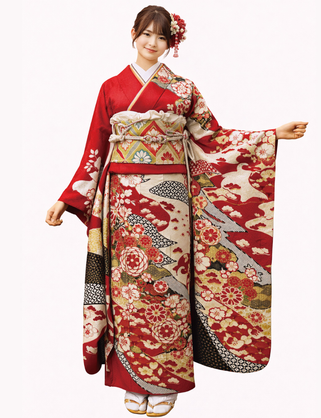 金彩、絞り、友禅の赤色高級振袖