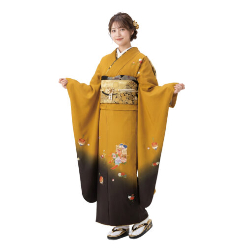 からし色　刺繍　振袖レンタル　Mサイズ　黄色
