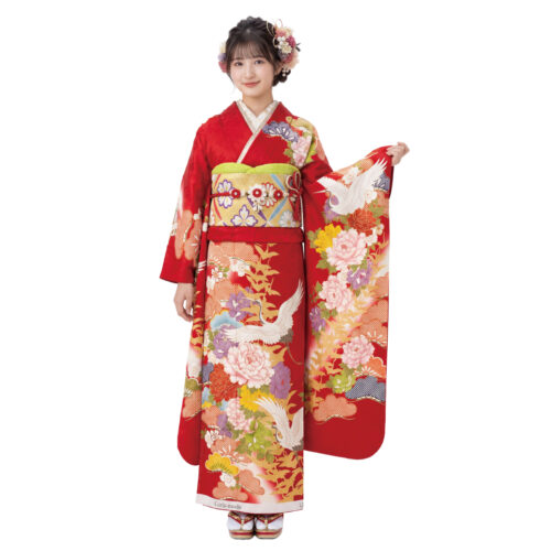 吉祥柄　鶴　赤振袖