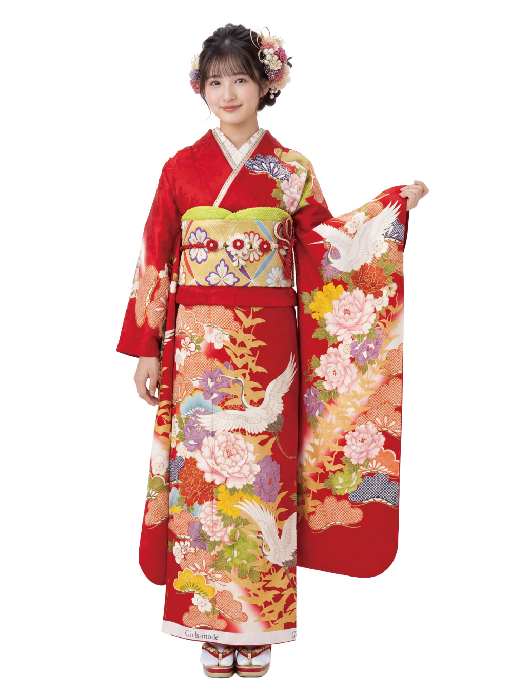 吉祥柄　鶴　赤振袖
