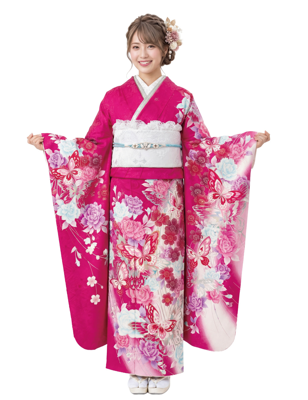 ピンク　桃色　振袖　蝶