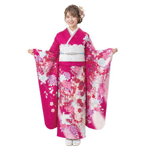 ピンク　桃色　振袖　蝶
