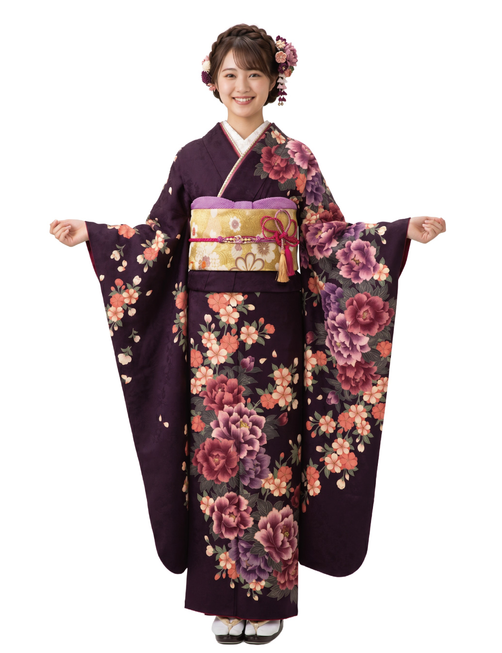 赤紫の花柄振袖レンタル