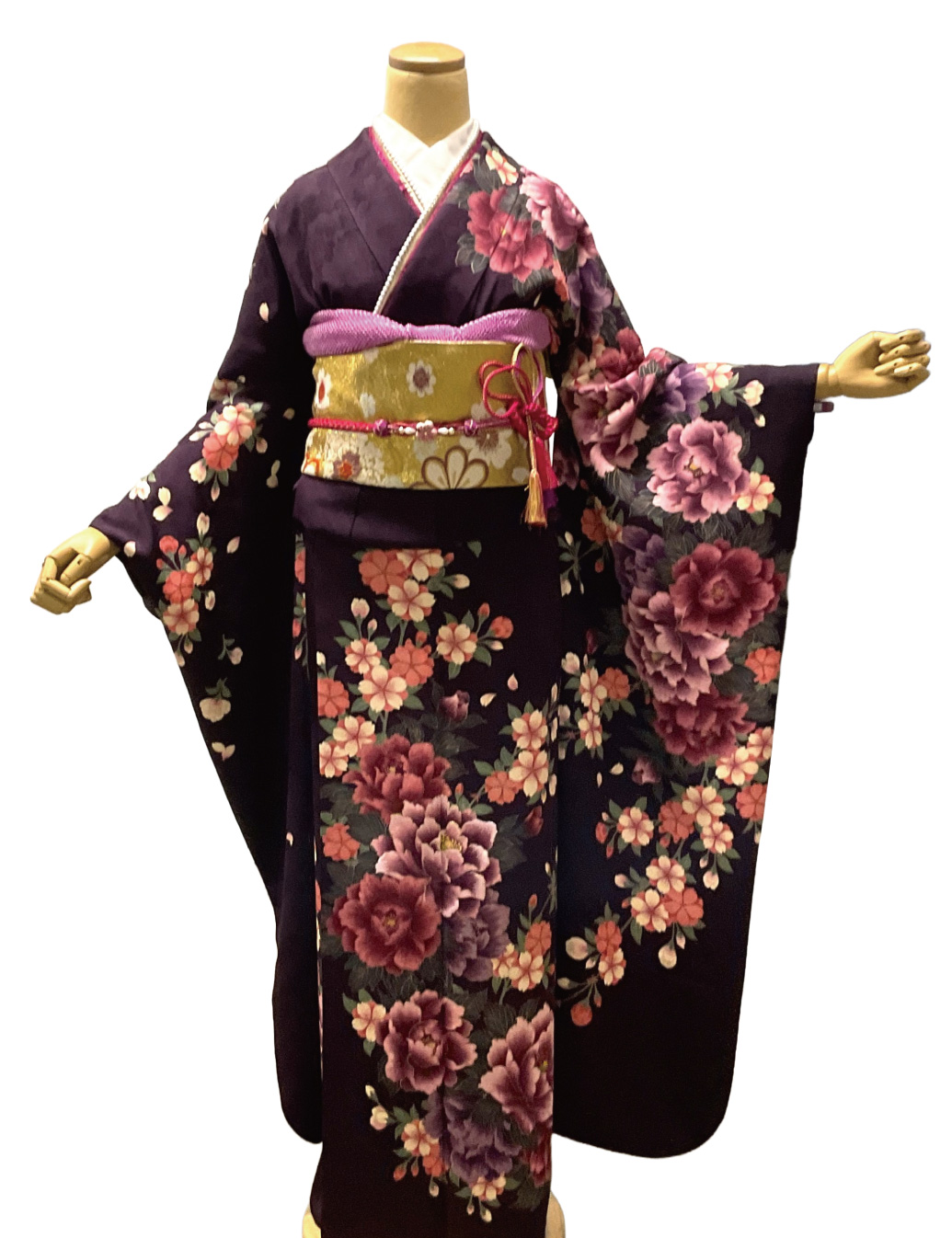 赤紫の花柄振袖レンタル