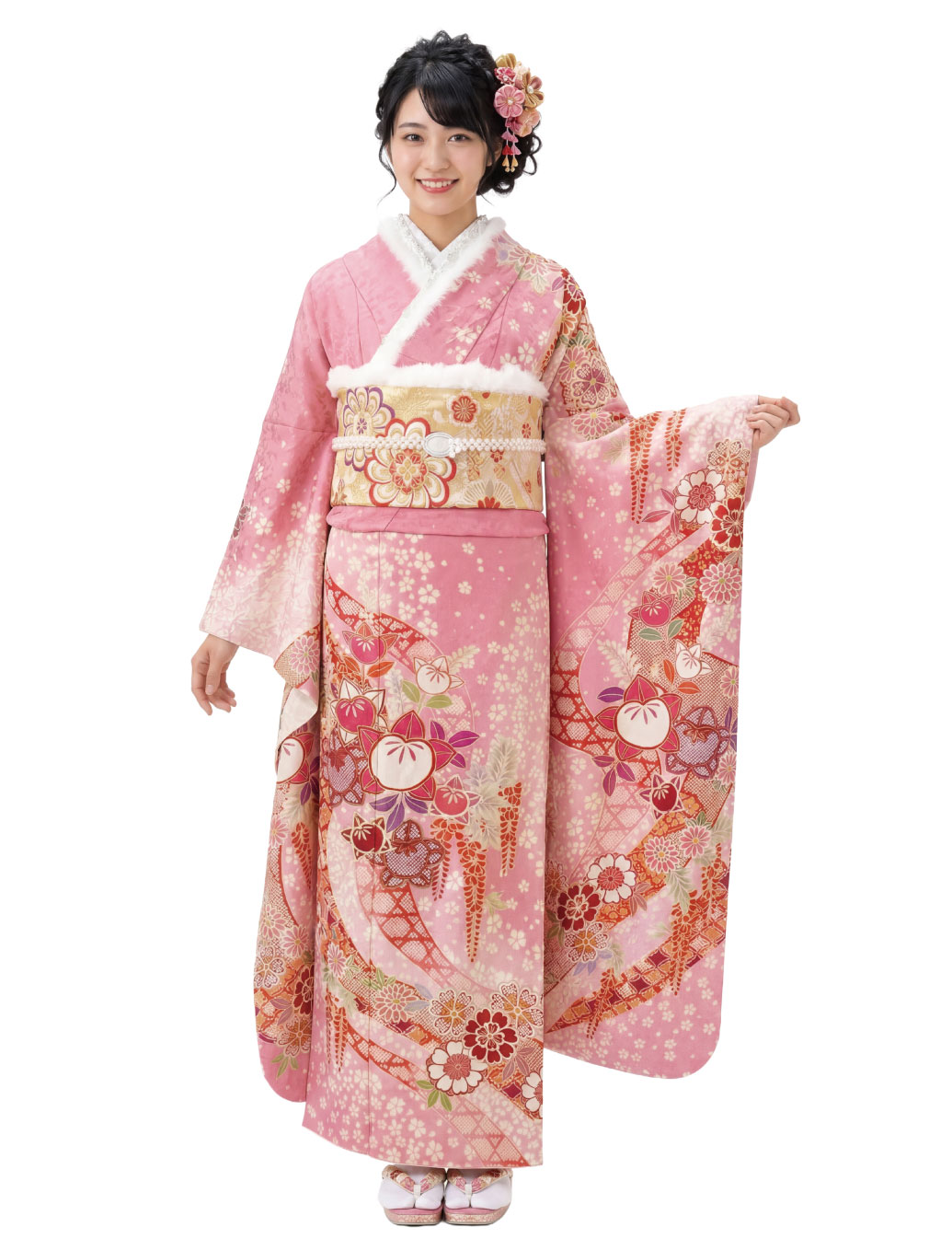おぼろ絞りの桃色振袖