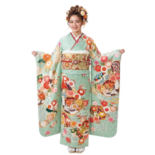 貝合わせ鶴、花柄、振袖