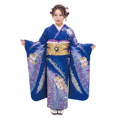 辻が花振袖 青色