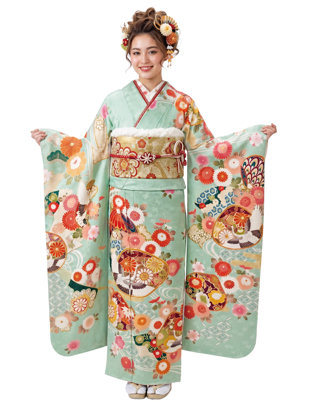 貝合わせ鶴、花柄、振袖