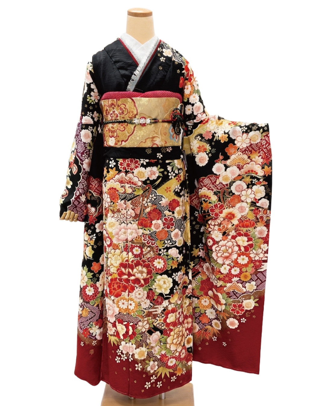 花古典柄 黒振袖レンタル