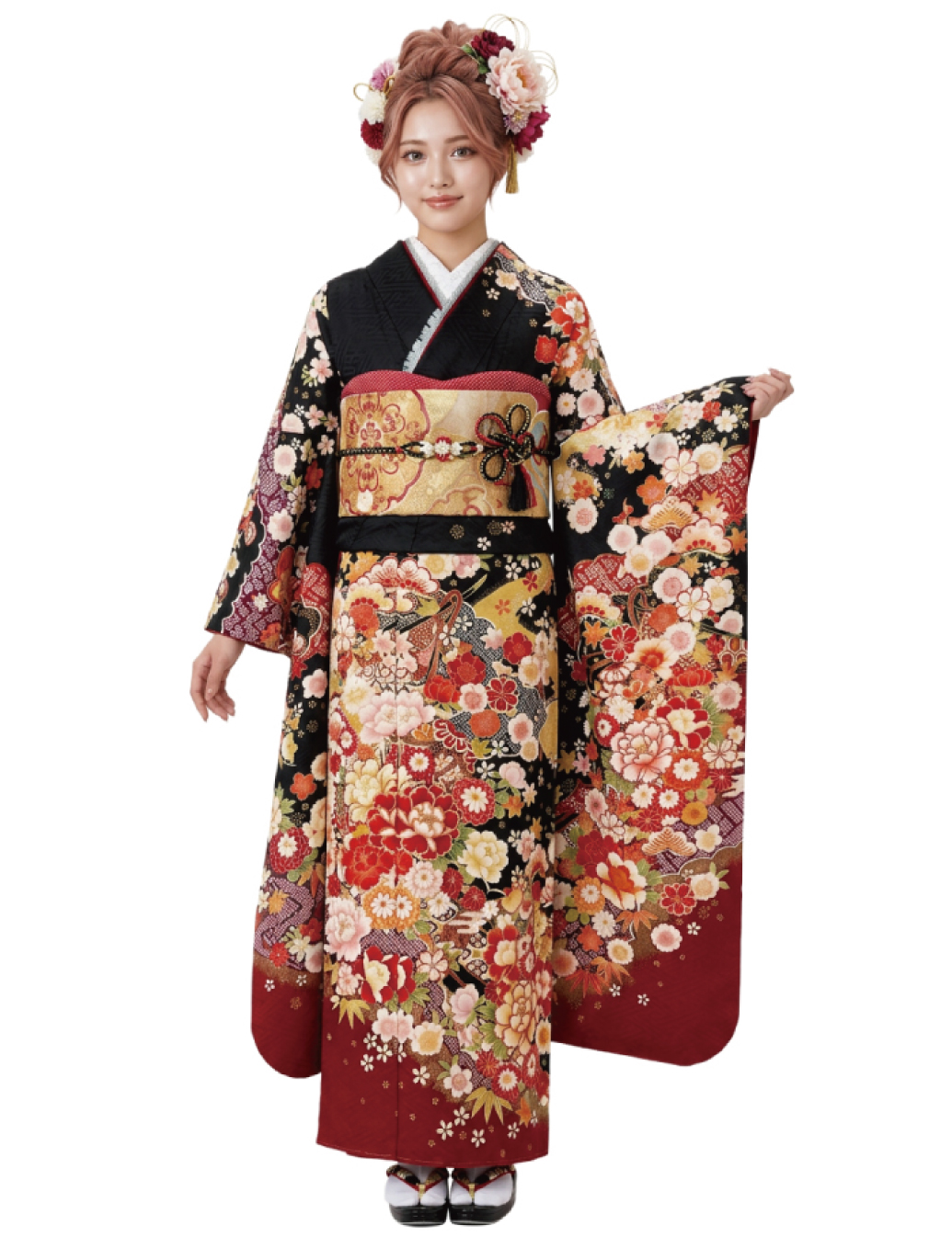 花古典柄 黒振袖レンタル