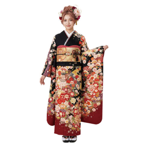 花古典柄　黒振袖レンタル